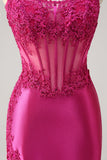 Sparkly Fuchsia Mermaid Strapless Sheer Corset Appliques Long Prom Dress with Slit