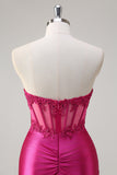 Sparkly Fuchsia Mermaid Strapless Sheer Corset Appliques Long Prom Dress with Slit