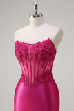 Sparkly Fuchsia Mermaid Strapless Sheer Corset Appliques Long Prom Dress with Slit