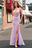 Lilac Mermaid Spaghetti Straps Corset Sparkly Sequin Prom Dress with Slit