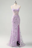 Lilac Mermaid Spaghetti Straps Corset Sparkly Sequin Prom Dress with Slit