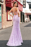 Sparkly Lilac Mermaid Spaghetti Straps Corset Sequin Prom Dress with Slit