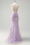 Lilac Mermaid Spaghetti Straps Corset Sparkly Sequin Prom Dress with Slit