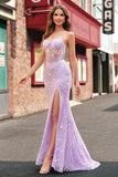 Lilac Mermaid Spaghetti Straps Corset Sparkly Sequin Prom Dress with Slit