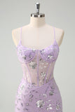 Sparkly Lilac Mermaid Spaghetti Straps Corset Sequin Prom Dress with Slit