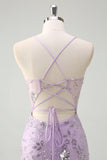 Sparkly Lilac Mermaid Spaghetti Straps Corset Sequin Prom Dress with Slit