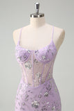 Sparkly Lilac Mermaid Spaghetti Straps Corset Sequin Prom Dress with Slit