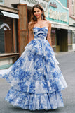 White Blue Flower A Line Strapless Tiered Long Prom Dress with Bows