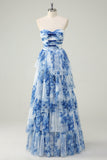 White Blue Flower A Line Strapless Tiered Long Prom Dress with Bows