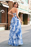 White Blue Flower A Line Strapless Tiered Long Prom Dress with Bows