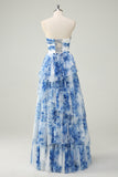 White Blue Flower A-Line Strapless Tiered Long Prom Dress with Lace-up Back