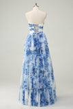 White Blue Flower A Line Strapless Tiered Long Prom Dress with Bows