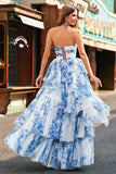 White Blue Flower A-Line Strapless Tiered Long Prom Dress with Lace-up Back