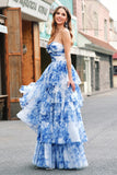 White Blue Flower A Line Strapless Tiered Long Prom Dress with Bows