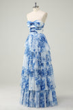 White Blue Flower A-Line Strapless Tiered Long Prom Dress with Lace-up Back