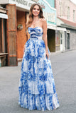 White Blue Flower A Line Strapless Tiered Long Prom Dress with Bows