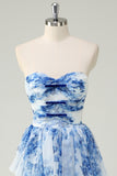 White Blue Flower A-Line Strapless Tiered Long Prom Dress with Lace-up Back