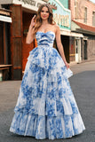 White Blue Flower A-Line Strapless Tiered Long Prom Dress with Lace-up Back