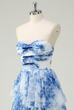 White Blue Flower A-Line Strapless Tiered Long Prom Dress with Lace-up Back