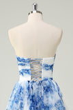 White Blue Flower A-Line Strapless Tiered Long Prom Dress with Lace-up Back