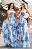 White Blue Flower A Line Strapless Tiered Floor Length Dress with Bows