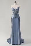 Sparkly Grey Blue Mermaid Ruched Corset Long Prom Dress with Appliques Sequins