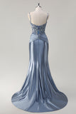 Sparkly Grey Blue Mermaid Ruched Corset Long Prom Dress with Appliques Sequins