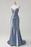 Sparkly Grey Blue Mermaid Ruched Corset Long Prom Dress with Appliques Sequins