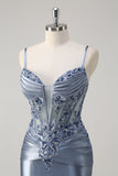 Sparkly Grey Blue Mermaid Ruched Corset Long Prom Dress with Appliques Sequins