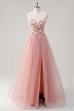 Sparkly Pink A-Line Strapless 3D Flowers Corset Tulle Long Prom Dress with Slit