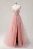 Sparkly Pink A-Line Strapless 3D Flowers Corset Tulle Long Prom Dress with Slit