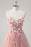 Sparkly Pink A-Line Strapless 3D Flowers Corset Tulle Long Prom Dress with Slit