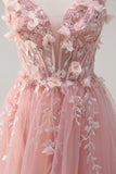 Sparkly Pink A-Line Strapless 3D Flowers Corset Tulle Long Prom Dress with Slit