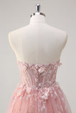 Sparkly Pink A-Line Strapless 3D Flowers Corset Tulle Long Prom Dress with Slit