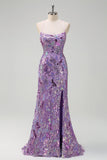 Sparkly Purple Mermaid Spaghetti Straps Sequin Long Prom Dress with Slit