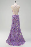 Sparkly Purple Mermaid Spaghetti Straps Sequin Long Prom Dress with Slit