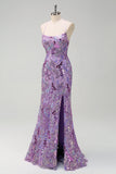 Sparkly Purple Mermaid Spaghetti Straps Sequin Long Prom Dress with Slit