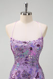 Sparkly Purple Mermaid Spaghetti Straps Sequin Long Prom Dress with Slit