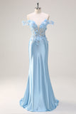 Sky Blue Off The Shoulder Corset Mermaid Long Prom Dress with 3D Flowers