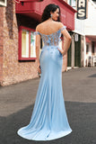 Sky Blue Mermaid Off The Shoulder Corset Floral Long Prom Dress with 3D Flowers