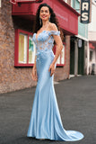 Sky Blue Mermaid Off The Shoulder Corset Floral Long Prom Dress with 3D Flowers