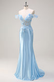 Sky Blue Off The Shoulder Corset Mermaid Long Prom Dress with 3D Flowers