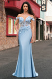 Sky Blue Mermaid Off The Shoulder Corset Floral Long Prom Dress with 3D Flowers