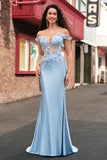 Sky Blue Off The Shoulder Corset Mermaid Long Prom Dress with 3D Flowers