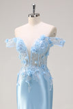 Sky Blue Off The Shoulder Corset Mermaid Long Prom Dress with 3D Flowers