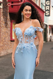 Sky Blue Mermaid Off The Shoulder Corset Floral Long Prom Dress with 3D Flowers