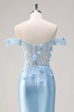 Sky Blue Off The Shoulder Corset Mermaid Long Prom Dress with 3D Flowers