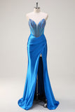 Blue Strapless Mermaid Corset Beaded Long Prom Dress with Split