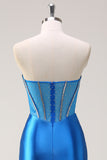 Blue Strapless Mermaid Corset Beaded Long Prom Dress with Split