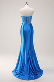 Blue Strapless Mermaid Corset Beaded Long Prom Dress with Split